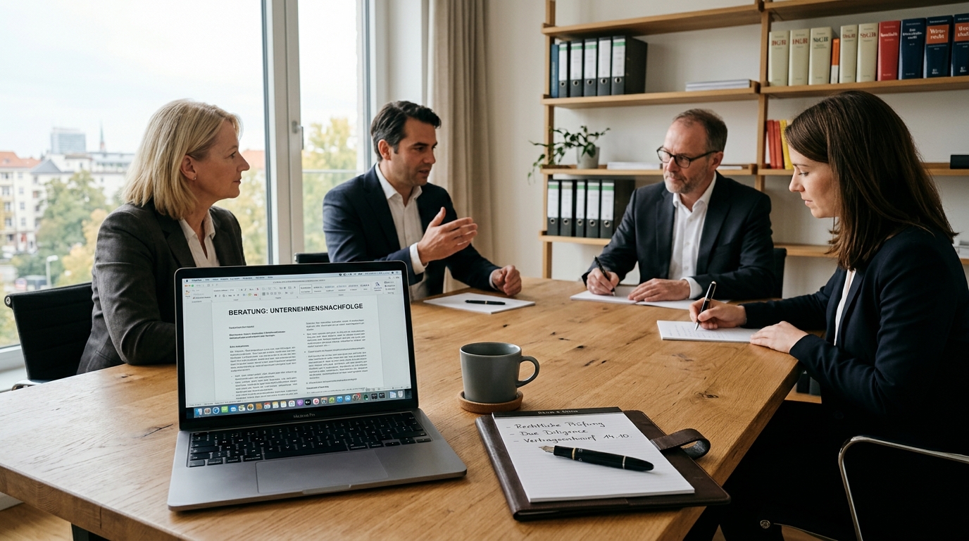 Musterbild (KI-generiert): Professionelles Beratungsgespräch am Besprechungstisch