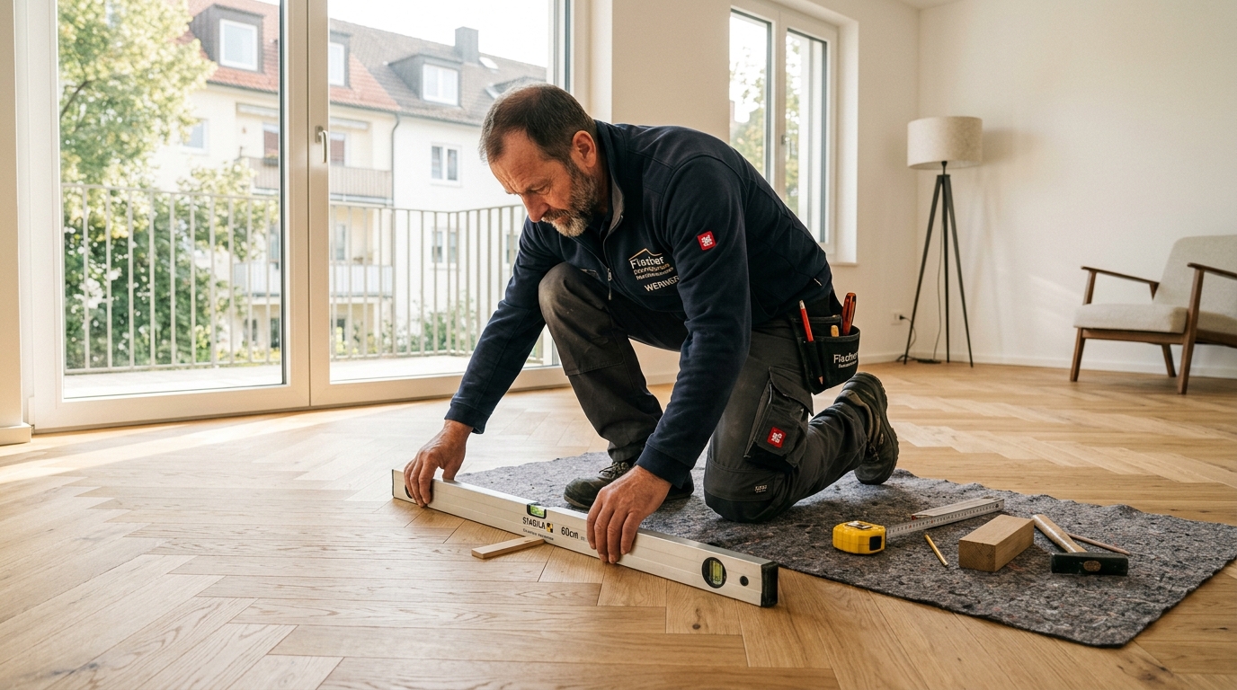 Musterbild (KI-generiert): Handwerksmeister prüft mit Wasserwaage verlegtes Parkett